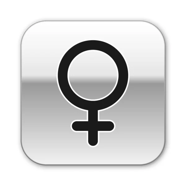 Ícone de símbolo de gênero feminino preto isolado no fundo branco. Símbolo de Vénus. O símbolo de um organismo feminino ou mulher. Botão quadrado de prata. Ilustração vetorial — Vetor de Stock