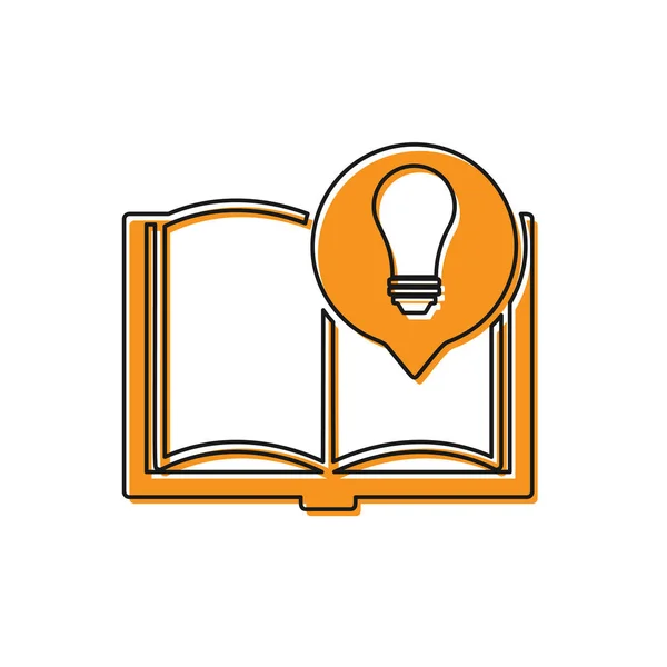 Orange ícone fatos interessantes isolado no fundo branco. Livro ou artigo e lâmpada. Ilustração vetorial —  Vetores de Stock