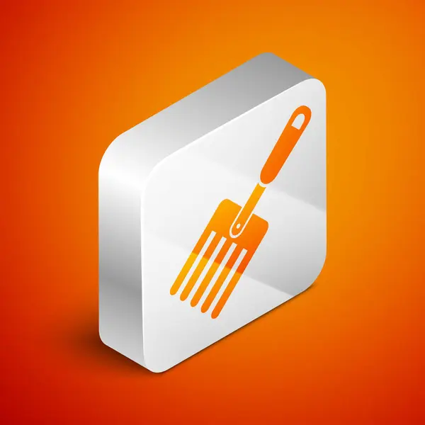 Isometric Garden fork icon isolated on orange background. Pitchfork icon. Tool for horticulture, agriculture, farming. Silver square button. Vector Illustration — Stock Vector