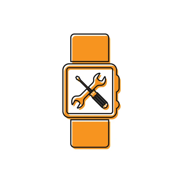 Orange SmartWatch med skruvmejsel och skiftnyckelikon isolerad på vit bakgrund. Justering, service, inställning, underhåll, reparation, fixering. Vektor illustration — Stock vektor