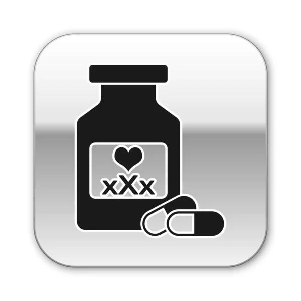 Black Medicine bottle with pills for potency, aphrodisiac icon isolated on white background. Sex pills for men and women. Silver square button. Vector Illustration — Stock Vector