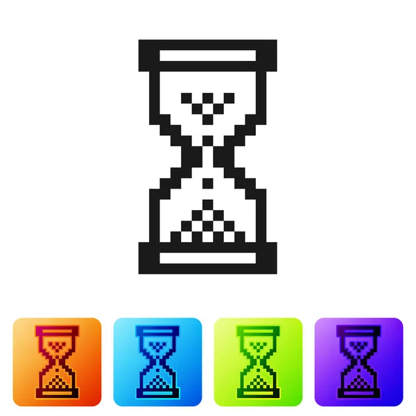 Black Hourglass pixel with flowing sand icon isolated on white background. Sand clock sign. Business and time management concept. Set icon in color square buttons. Vector Illustration — Stock Vector
