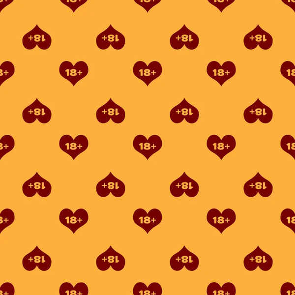 Vermelho 18 mais conteúdo ícone do coração isolado padrão sem costura no fundo marrom. Ícone de conteúdo somente para adultos. Ilustração vetorial — Vetor de Stock