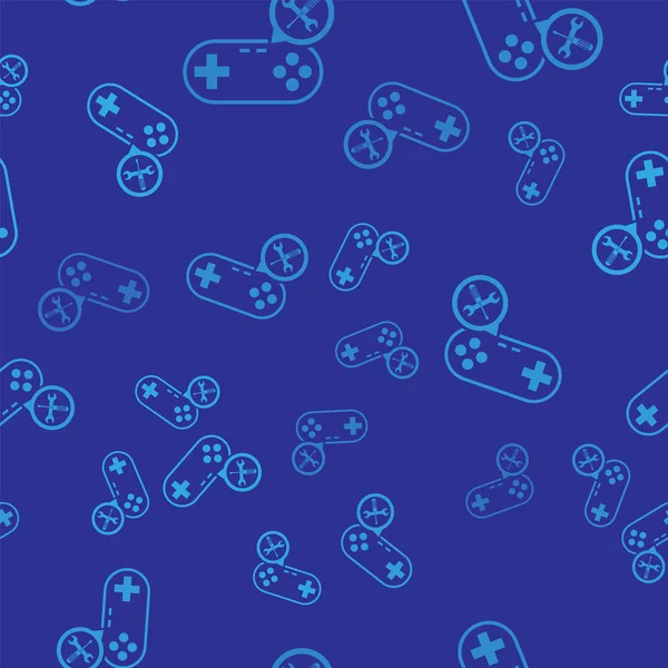 Gamepad bleu avec tournevis et icône clé isolée motif sans couture sur fond bleu. Réglage, entretien, réglage, entretien, réparation, fixation. Illustration vectorielle — Image vectorielle