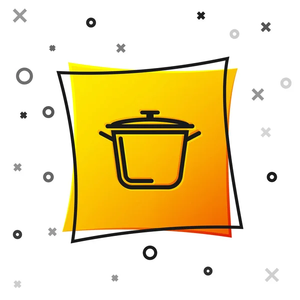 Black Cooking pot icon isolated on white background. Boil or stew food symbol. Yellow square button. Vector Illustration — Stock Vector