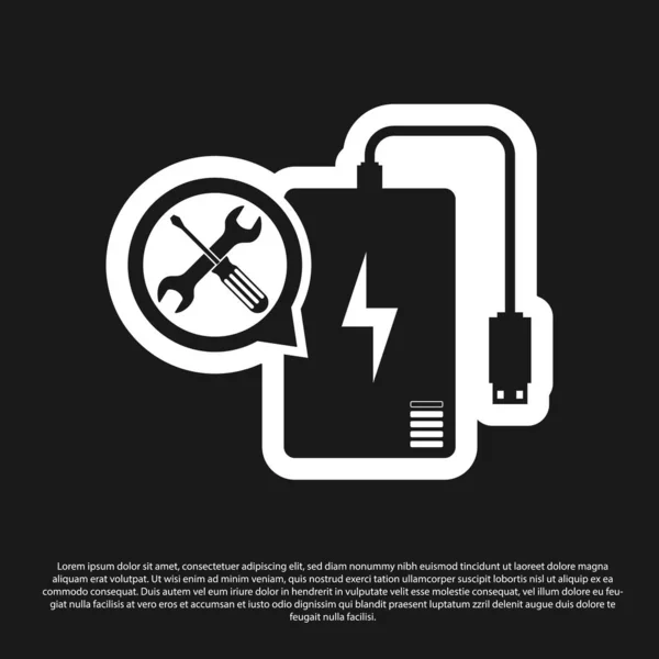 Black Power bank with screwdriver and wrench icon isolated on black background. Adjusting, service, setting, maintenance, repair, fixing. Vector Illustration — Stock Vector