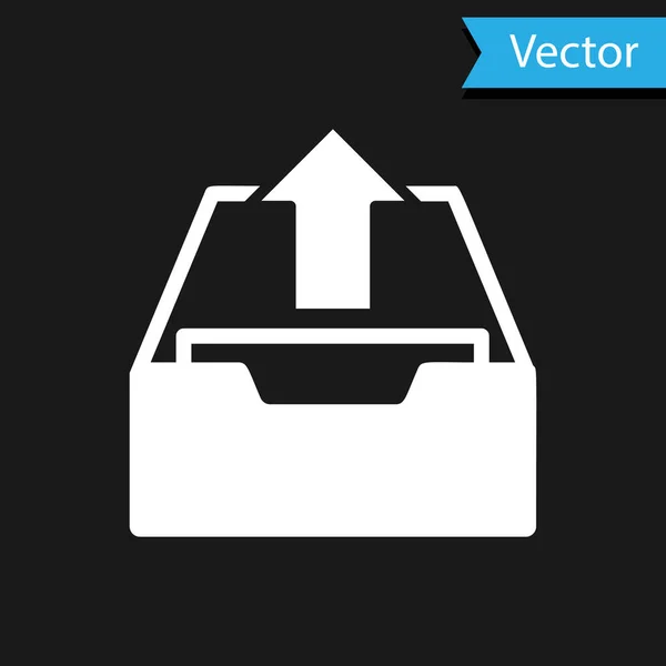 Ícone branco da caixa de entrada do upload isolado no fundo preto. Extraia arquivos do arquivo. Ilustração vetorial — Vetor de Stock