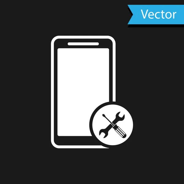 Witte smartphone met schroevendraaier en moersleutel pictogram geïsoleerd op zwarte achtergrond. Aanpassing, service, instelling, onderhoud, reparatie, bevestiging. Vector illustratie — Stockvector