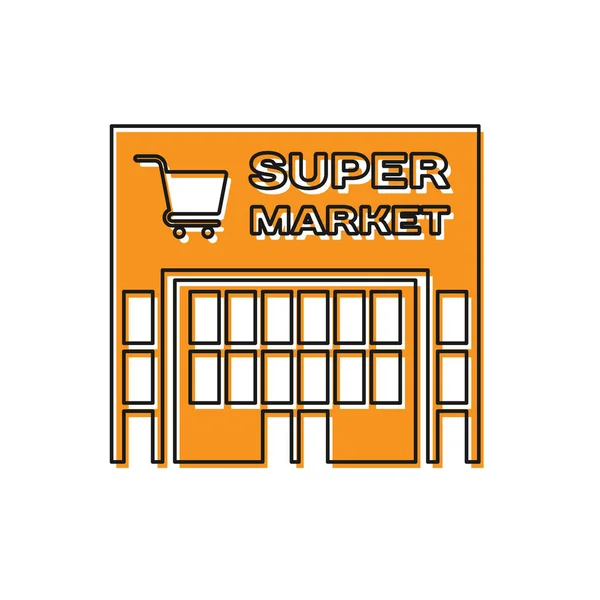白い背景に隔離されたショッピングカートのアイコンを持つオレンジ色のスーパーマーケットの建物。買い物や店。モールビルベクトルイラストレーション — ストックベクタ