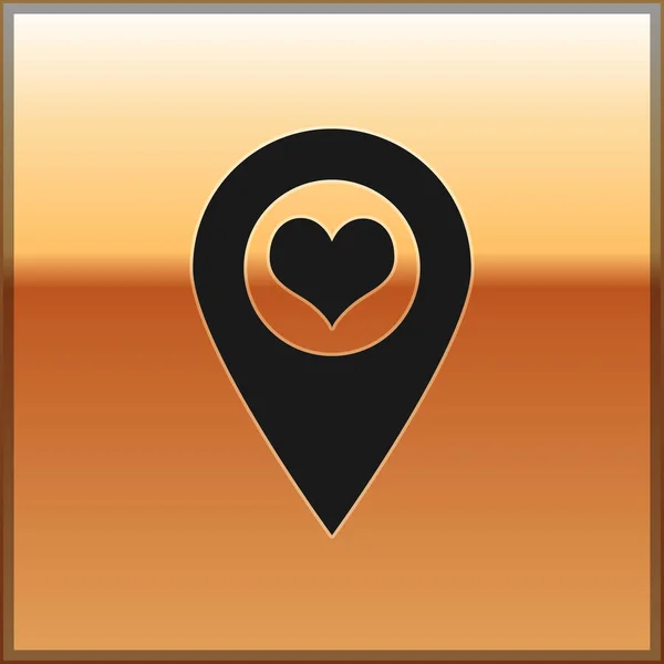 Ponteiro de mapa preto com ícone de coração isolado em fundo dourado. Ilustração vetorial —  Vetores de Stock