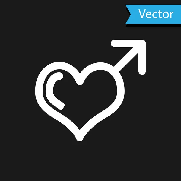 Weißes männliches Geschlechtssymbol und Herzsymbol isoliert auf schwarzem Hintergrund. Vektorillustration — Stockvektor