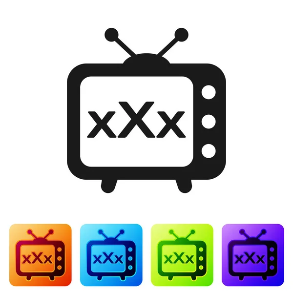 Nero XXX tv vecchia icona della televisione isolata su sfondo bianco. Simbolo di restrizione di età. 18 più il segno di contenuto. Canale per adulti. Imposta l'icona nei pulsanti quadrati a colori. Illustrazione vettoriale — Vettoriale Stock