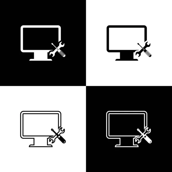 Set Computer monitor with screwdriver and wrench icon isolated on black and white background. Adjusting, service, setting, maintenance, repair, fixing. Vector Illustration — Stock Vector