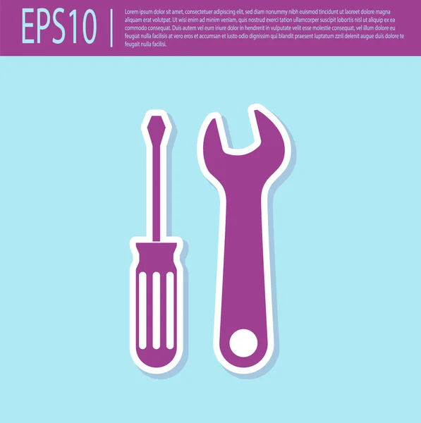 Destornillador púrpura retro e icono de herramientas de llave inglesa aislado sobre fondo turquesa. Símbolo herramienta de servicio. Ilustración vectorial — Vector de stock