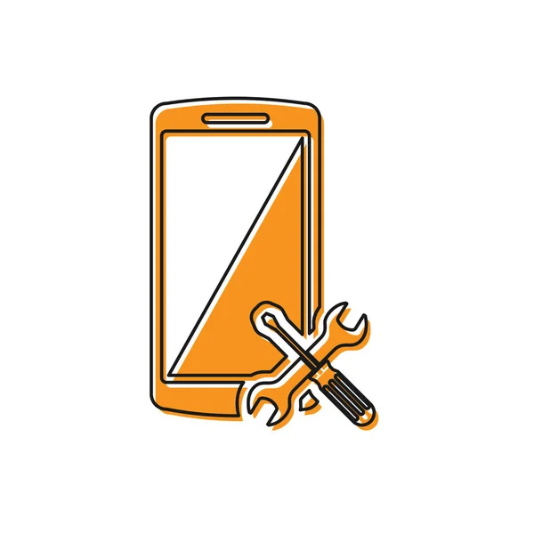 Smartphone orange avec tournevis et icône clé isolée sur fond blanc. Réglage, entretien, réglage, entretien, réparation, fixation. Illustration vectorielle — Image vectorielle