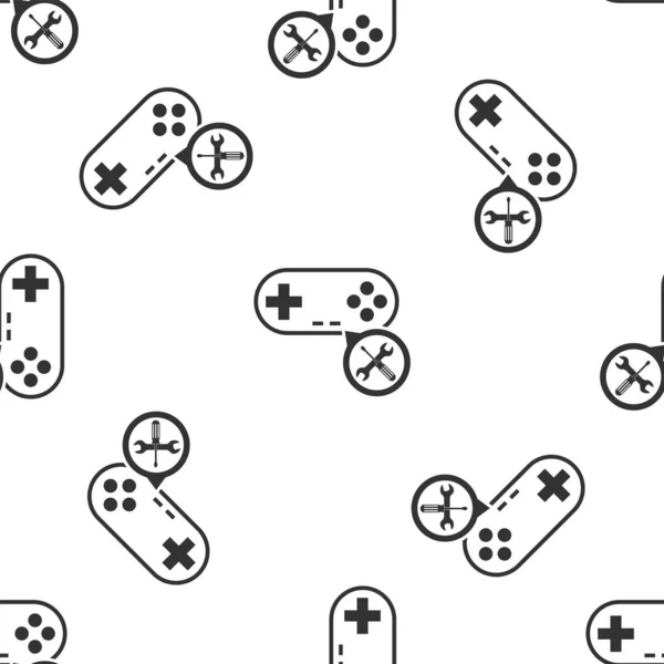 Szary Gamepad z śrubokrętem i kluczem ikona na białym tle bez szwu wzór. Regulacja, serwis, ustawienie, konserwacja, naprawa, mocowanie. Ilustracja wektorowa — Wektor stockowy