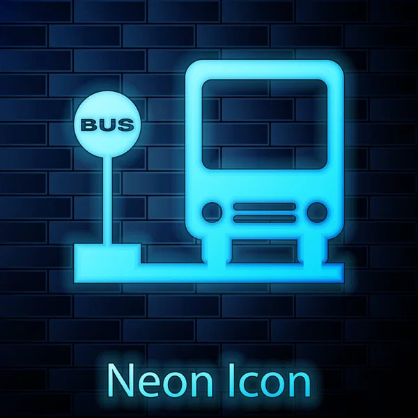 Glowing neon Bus stop icon isolated on brick wall background. Transportation concept. Bus tour transport sign. Tourism or public vehicle symbol. Vector Illustration