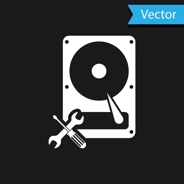 Unidade de disco rígido branco com chave de fenda e ícone chave isolada no fundo preto. Ajuste, serviço, configuração, manutenção, reparação, fixação. Ilustração vetorial — Vetor de Stock