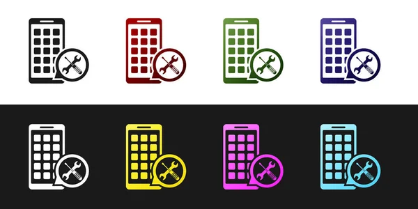 Definir aplicativos móveis com chave de fenda e ícone chave isolada em fundo preto e branco. Ajuste, serviço, configuração, manutenção, reparação, fixação. Ilustração vetorial —  Vetores de Stock
