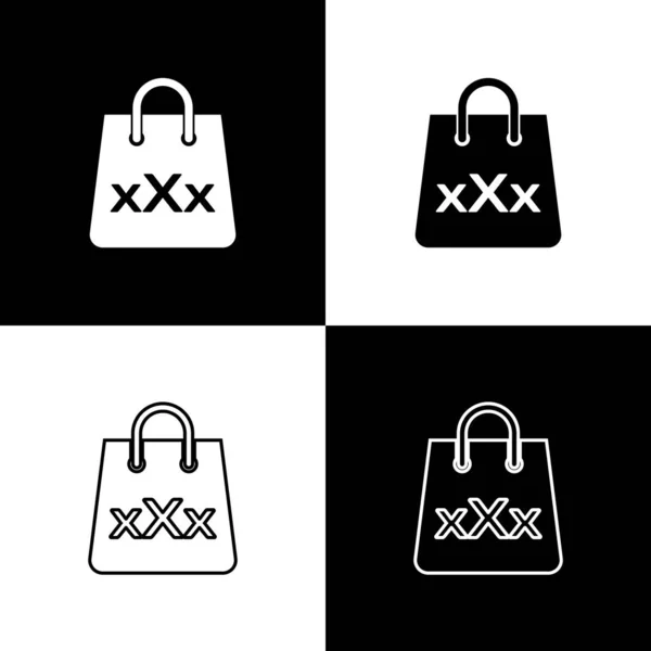 Set Bolsa de compras con un icono triple X aislado sobre fondo blanco y negro. Ilustración vectorial — Vector de stock