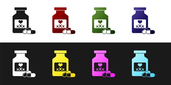 Set Medicine botol dengan pil untuk potensi, ikon afrodisiak terisolasi pada latar belakang hitam dan putih. Pil seks untuk pria dan wanita. Ilustrasi Vektor - Stok Vektor