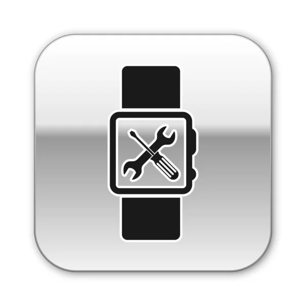 Svart SmartWatch med skruvmejsel och skiftnyckelikon isolerad på vit bakgrund. Justering, service, inställning, underhåll, reparation, fixering. Silver fyrkantig knapp. Vektor illustration — Stock vektor