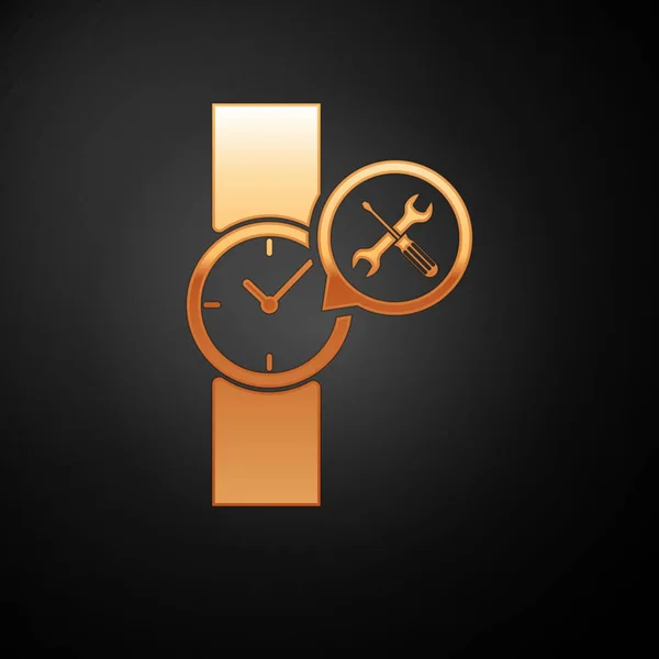 Reloj de pulsera de oro con destornillador e icono de la llave inglesa aislado sobre fondo negro. Ajuste, servicio, ajuste, mantenimiento, reparación, fijación. Ilustración vectorial — Vector de stock