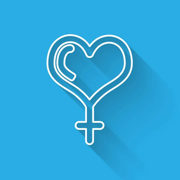 Witte lijn vrouwelijke gender symbool en hart pictogram geïsoleerd met lange schaduw. Symbool Venus. Het symbool voor een vrouwelijk organisme of vrouw. Vector illustratie — Stockvector