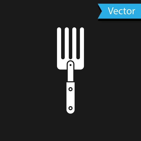 White Garden fork icon isolated on black background. Pitchfork icon. Tool for horticulture, agriculture, farming. Vector Illustration — Stock Vector