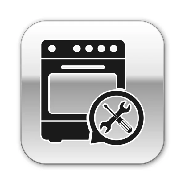Black Oven with screwdriver and wrench icon isolated on white background. Adjusting, service, setting, maintenance, repair, fixing. Silver square button. Vector Illustration — Stock Vector
