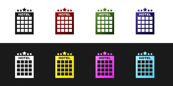 Set Icono del edificio del hotel aislado sobre fondo blanco y negro. Ilustración vectorial — Archivo Imágenes Vectoriales