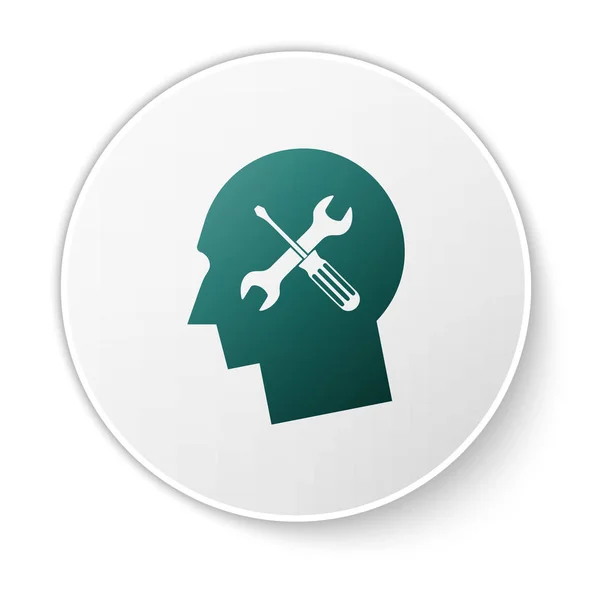 Зелена людська голова з викруткою та значком ключа ізольовані на білому тлі. Штучний інтелект. Символічна робота мозку. Кнопка білого кола. Векторна ілюстрація — стоковий вектор