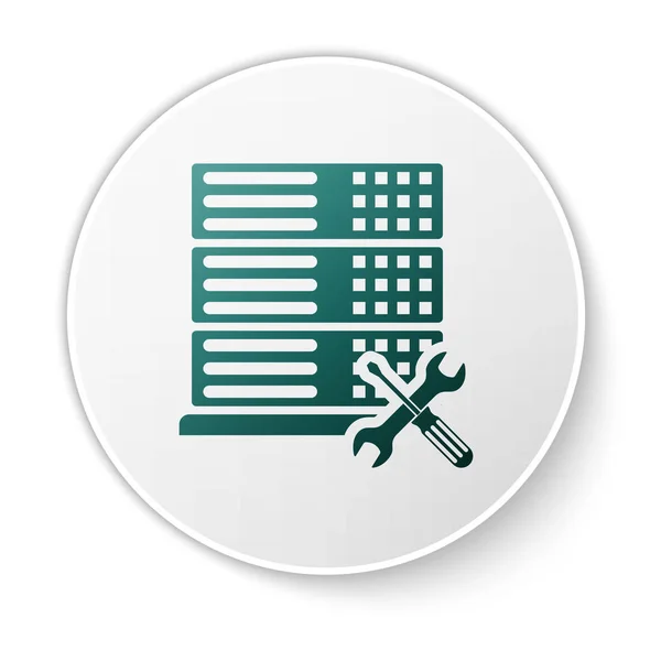 Zelený databázový server s ikonou šroubováku a klíče izolovaná na bílém pozadí. Seřízení, servis, nastavení, údržba, opravy, upevnění. Tlačítko Bílého kruhu. Vektorová ilustrace — Stockový vektor