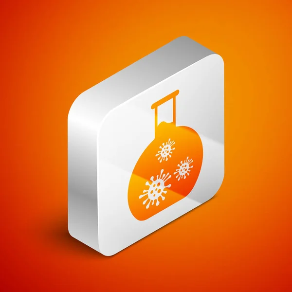 Isometric Laboratory glass test tube with virus and bacteria icon isolated on orange background. Analysis microorganism, research, diagnosis. Silver square button. Vector Illustration