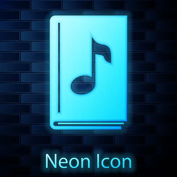Świecąca Neon ikona książki audio izolowane na tle muru ceglanego. Nuty muzyczne z książką. Znak przewodnika audio. Koncepcja uczenia się online. Ilustracja wektorowa — Wektor stockowy