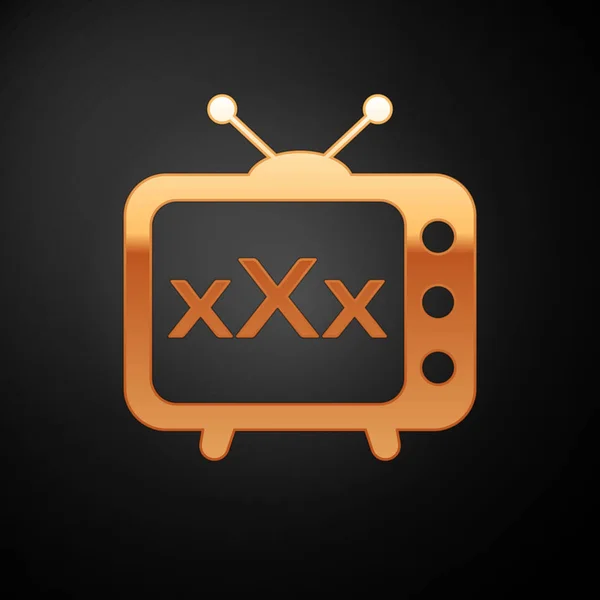Guld XXX TV gamla TV-ikonen isolerad på svart bakgrund. Ålders begränsnings symbol. 18 plus innehålls tecken. Vuxen kanal. Vektor illustration — Stock vektor