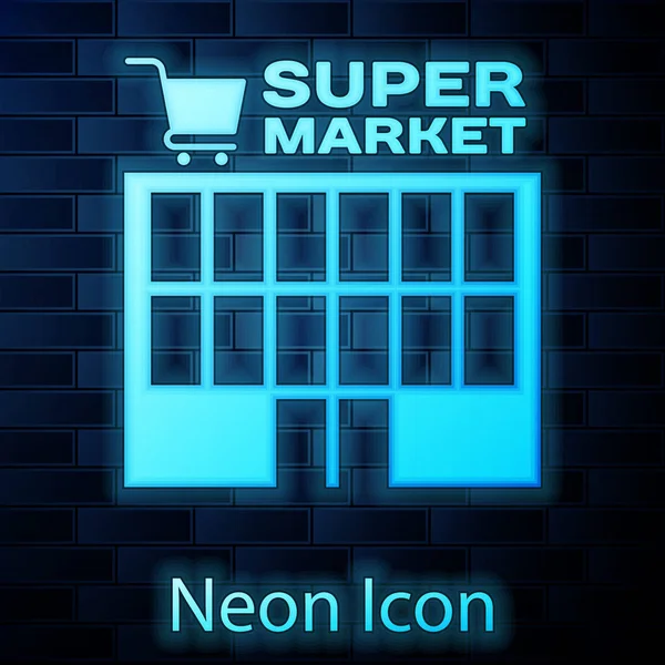 Leuchtende Neon-Supermarkt Gebäude mit Einkaufswagen-Symbol isoliert auf Backsteinwand Hintergrund. Laden oder Geschäft. Einkaufszentrum gebaut. Vektorillustration — Stockvektor