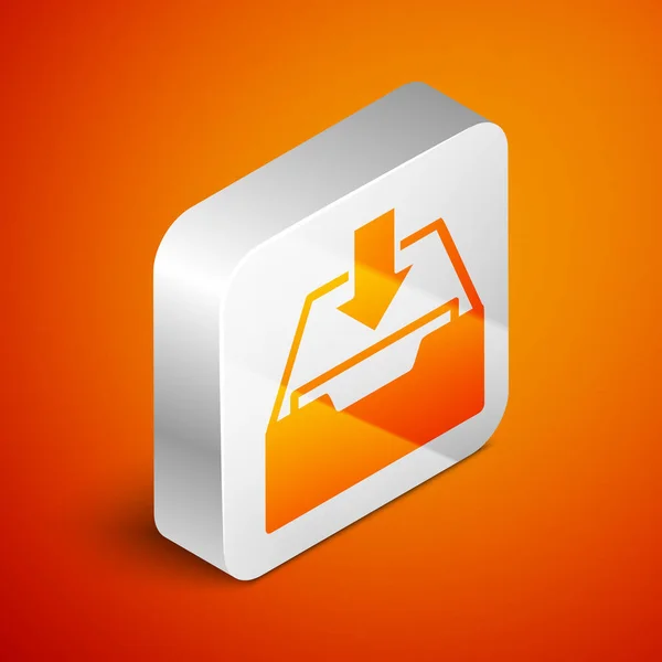Ícone de caixa de entrada de download isométrico isolado no fundo laranja. Adicionar ao arquivo. Botão quadrado de prata. Ilustração vetorial — Vetor de Stock