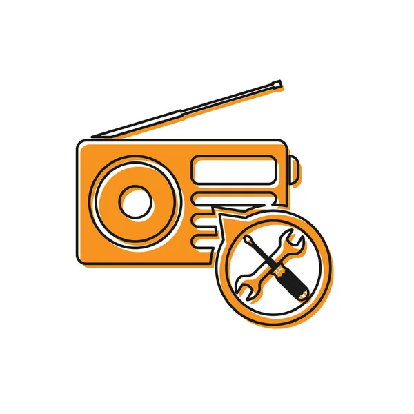 Оранжевое радио с отверткой и значком гаечного ключа на белом фоне. Регулировка, обслуживание, настройка, обслуживание, ремонт, фиксация. Векторная миграция — стоковый вектор
