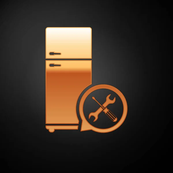Gold Refrigerator with screwdriver and wrench icon isolated on black background. Adjusting, service, setting, maintenance, repair, fixing. Vector Illustration — Stock Vector