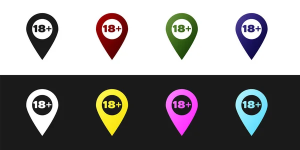 Impostare il puntatore Mappa con 18 più icona isolata su sfondo bianco e nero. Simbolo di restrizione di età. 18 più il segno di contenuto. Solo contenuti per adulti icona. Illustrazione vettoriale — Vettoriale Stock