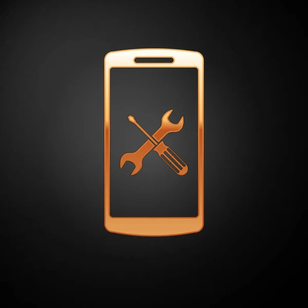 Smartphone dorado con destornillador e icono de llave inglesa aislado sobre fondo negro. Ajuste, servicio, ajuste, mantenimiento, reparación, fijación. Ilustración vectorial — Vector de stock