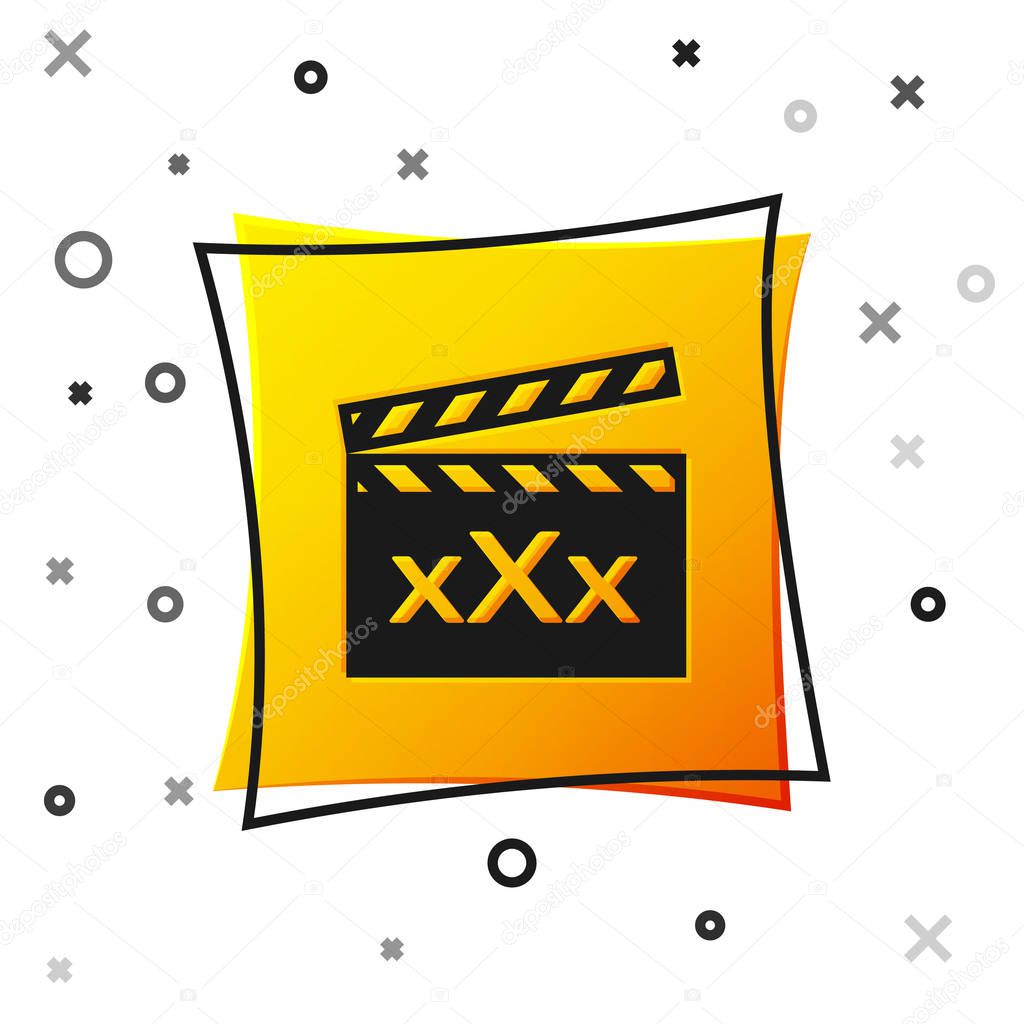 Black Movie clapper with inscription XXX icon isolated on white background. Age restriction symbol. 18 plus content sign. Adult channel. Yellow square button. Vector Illustration
