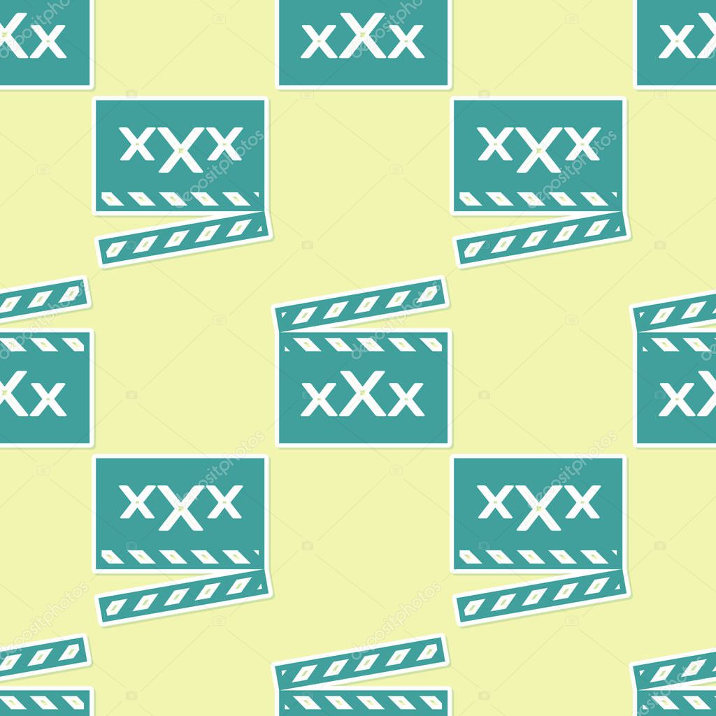 Green Movie clapper with inscription XXX icon isolated seamless pattern on yellow background. Age restriction symbol. 18 plus content sign. Adult channel. Vector Illustration