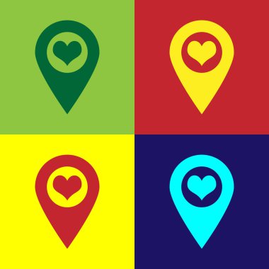 Renk arka plan üzerinde izole kalp simgesi ile renkli harita işaretçisi. Vektör Illustration