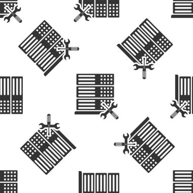 Beyaz arka planda tornavida ve anahtar simgesi izole Dikişsiz desen ile gri veritabanı sunucusu. Ayarlama, hizmet, ayarlama, bakım, onarım, sabitleme. Vektör Illustration