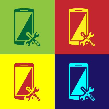 Renkli arka plan üzerinde izole tornavida ve anahtar simgesi ile renkli smartphone. Ayarlama, hizmet, ayarlama, bakım, onarım, sabitleme. Vektör Illustration