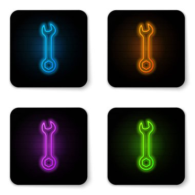 Parlak neon beyaz arka planda izole anahtarı simgesi. Anahtar tamir aracı. Servis aracı sembolü. Siyah kare düğmesi. Vektör Illustration