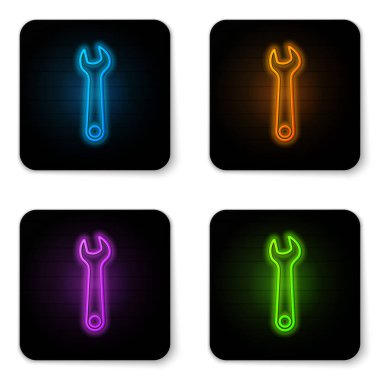 Parlak neon beyaz arka planda izole anahtarı simgesi. Anahtar tamir aracı. Servis aracı sembolü. Siyah kare düğmesi. Vektör Illustration