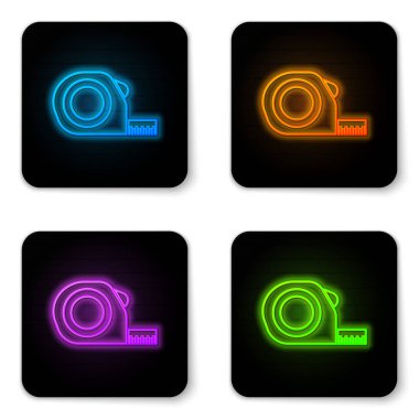 Beyaz arka planda izole Neon rulet inşaat simgesi parlayan. Bant ölçümü sembolü. Siyah kare düğmesi. Vektör Illustration